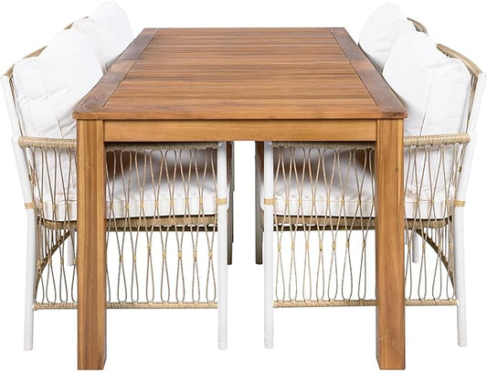 Merax 5 Piece Patio Dining Set, Outdoor Acacia Wood 67 Inch Dinning Table with Sturdy Legs and 4 Rattan Arm Chairs w/Cousions & Pillows for Backyard,Balcony, Garden, Poolside, Natural