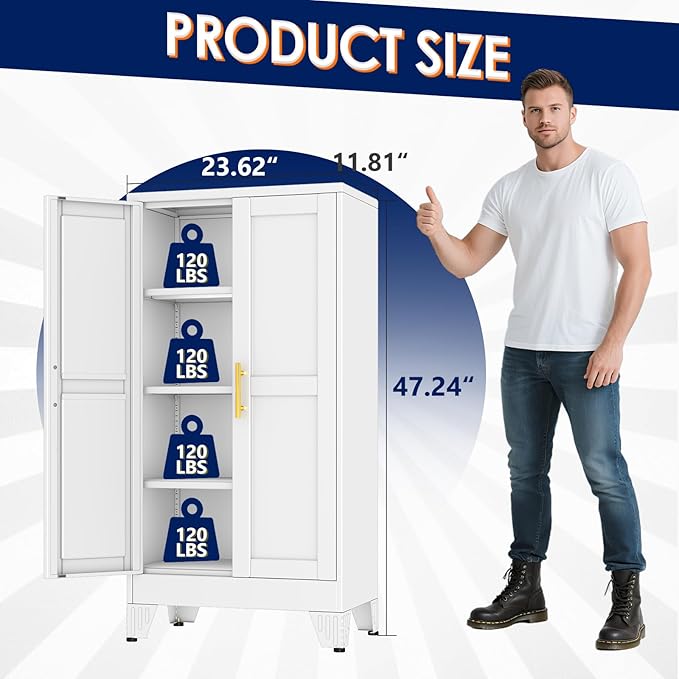 erosoei 47" H Metal Garage Storage Cabinet, Metal Pantry Cabinet with 2 Doors, Locker Steel Cabinet with 3 Adjustable Shelves, Freestanding Cupboard for Garage,Office,Home,Gym,School