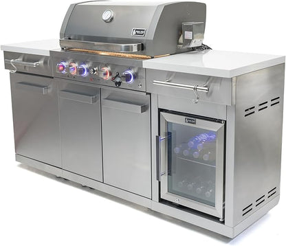 Mont Alpi Premium 70"W x 24"D Stainless Steel Compact Outdoor Kitchen Island with Refrigerator + 32"W 4-Burner BBQ Grill with Infrared Rotisserie Burner + Storage Cabinets + White Granite Countertops