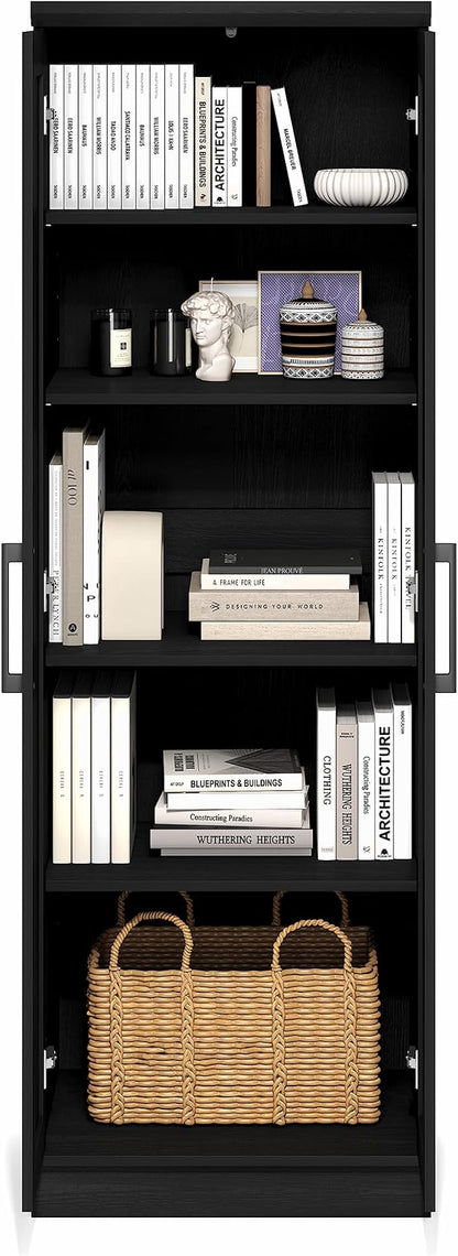 Furinno Robin Storage Cabinet, 5-Tier Pantry Cabinet with Adjustable Shelves, 23W with 2 Shaker-Doors, Kitchen Cabinet, Organization and Storage, for Pantry, Living Room, Home Office, Black Woodgrain