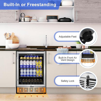 24" 200-Can Beverage Fridge, Under Counter/Freestanding with Glass Door | Temp memory, Reversible door, Quick cool, Beer soda wine, Adjustable shelves, Energy efficient, Digital display, Home bar
