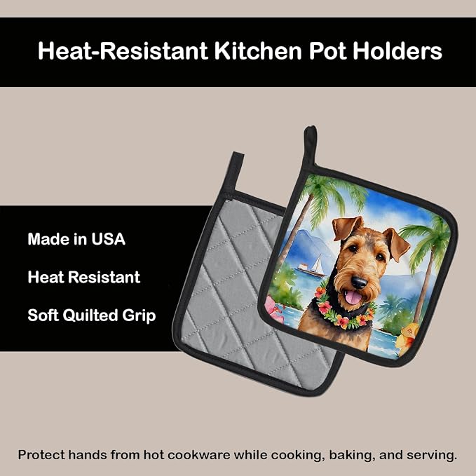 Caroline's Treasures Airedale Terrier Luau Pair of Pot Holders Kitchen Heat Resistant Pot Holders Sets Oven Hot Pads for Cooking Baking BBQ, 7 1/2 x 7 1/2