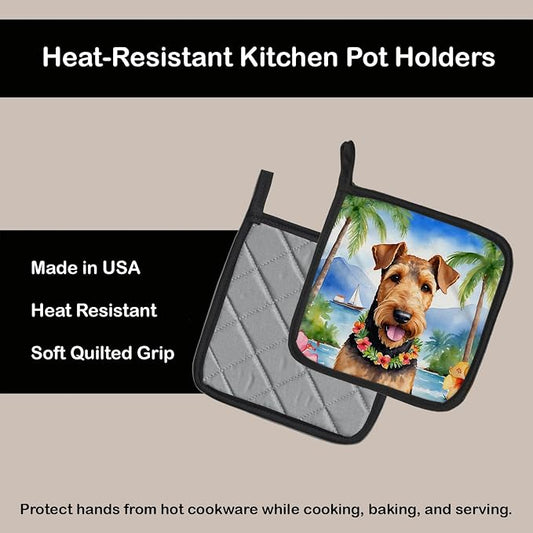 Caroline's Treasures Airedale Terrier Luau Pair of Pot Holders Kitchen Heat Resistant Pot Holders Sets Oven Hot Pads for Cooking Baking BBQ, 7 1/2 x 7 1/2