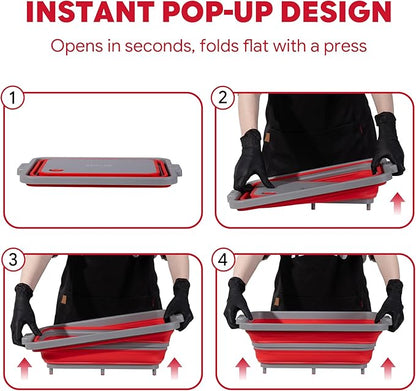 FEASTO Collapsible BBQ Prep Tubs with Cutting Board, 9-IN-1, 2 Tubs Portable Grill Prep Station with Side Brackets, Lids, Knives, Meat Claws and Drain Rack, Space-Saving for Kitchen & Camping, Red