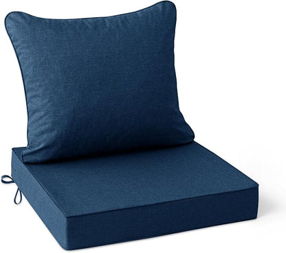 Summsun Outdoor Chair Cushions, Faux Linen Backrest and Seat Cushion Set for Patio Furniture with Weather Resistant Removable Cover, Straps, Non-Slip Bottom, 19 x 19 Inch, Navy