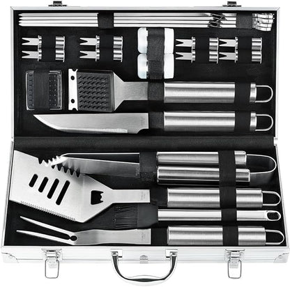 POLIGO 22PCS Heavy Duty BBQ Grill Accessories Set, Non-Slip Grill Tools for Outdoor Grill Set Stainless Steel Grill Utensils Set, Deluxe Grilling Tools Set in Aluminum Case Ideal Gifts for Men Silver