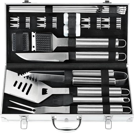 POLIGO 22PCS Heavy Duty BBQ Grill Accessories Set, Non-Slip Grill Tools for Outdoor Grill Set Stainless Steel Grill Utensils Set, Deluxe Grilling Tools Set in Aluminum Case Ideal Gifts for Men Silver