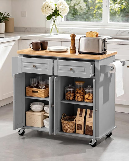 VEVOR Kitchen Island Cart with Storage, 43.7 in Wide Mobile Rolling Storage Island on Swivel Wheels, with 2 Drawers, Storage Cabinet, Spice/Towel Rack, Hooks, Table for Home Dining Room, Gray