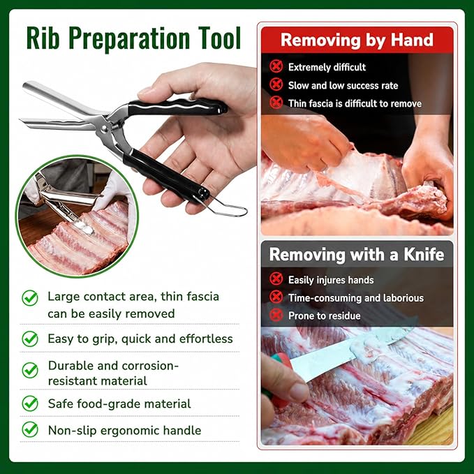 Rib Membrane Removal Tool, Stainless Steel Cooking Accessories, Ergonomic BBQ Accessories, Dishwasher Safe Grilling Accessories, Barbecue Tool Set - Gift for Men (Dark Black)