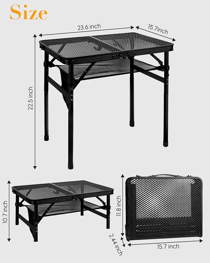 Honagu Folding Grill Table, Height Adjustable Metal Picnic Outdoor Table, Portable Camping Table for Outdoor Camping, Patio, Dining, BBQ, Party, Travel Cooking,Small 23.6"×15.7"Lightweight, Waterproof
