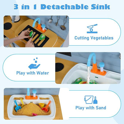 INFANS Mud Kitchen, Wood Pretend Play Kitchen with Running Water Removable Sand Sink Cover Cloth Faucet Chalkboard Stoves Toddle