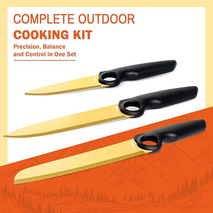 Outdoor Santoku Knife Set – 3 Titanium-Coated Knives with Grip Ring Handles, Sharpener, Cutting Board, Seasoning Bottles & Travel Case – Portable BBQ, RV & Beach Cooking Kit