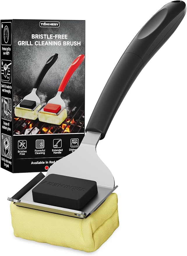 Bristle-Free Grill Brush with Heat-Resistant Kevlar Fiber Head, Black | Steam Cleaning, Replaceable No-Wire Head, 17" Handle, 4-in-1 Scraper, for Porcelain/Ceramic/Stainless Steel/Cast Iron Grate