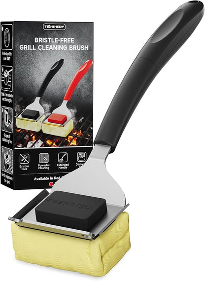 Bristle-Free Grill Brush with Heat-Resistant Kevlar Fiber Head, Black | Steam Cleaning, Replaceable No-Wire Head, 17" Handle, 4-in-1 Scraper, for Porcelain/Ceramic/Stainless Steel/Cast Iron Grate