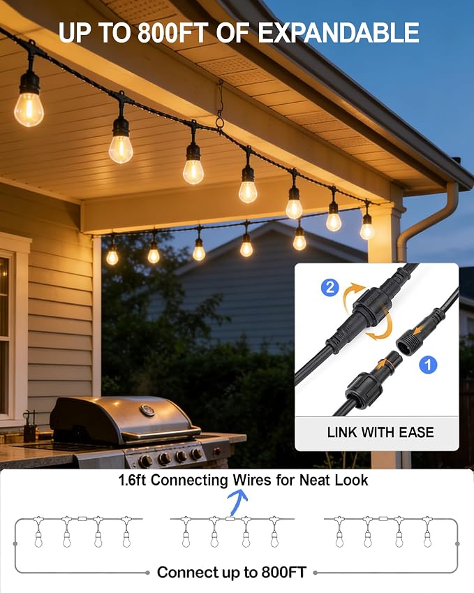 Gmnee 25FT Outdoor String Lights for Patio, Balcony & Porch – 16 LED Edison Bulbs (1.6FT Spacing), Dimmable Heavy-Duty Patio Lights for Backyard, Gazebo, Bistro, Party and Garden Decor (Plug in)