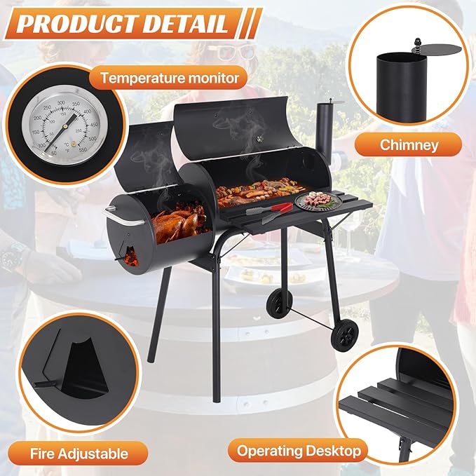Charcoal Grill Outdoor BBQ Grill 43 Inch Portable Camping Grills with Offset Smoker & Pulleys for Picnics Parties Patio,Black