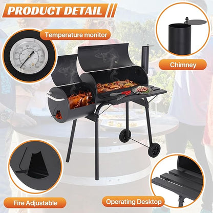 Charcoal Grill Outdoor BBQ Grill 43 Inch Portable Camping Grills with Offset Smoker & Pulleys for Picnics Parties Patio,Black