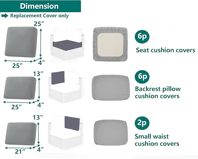 Outdoor Cushion Covers Replacement 14 Pcs, Grey | Patio Cushion Covers fit for 7Pieces 6-Seater Wicker Rattan Sectional Couch Sofa Outdoor Cushion Slipcovers Set