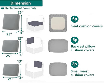 Outdoor Cushion Covers Replacement 14 Pcs, Grey | Patio Cushion Covers fit for 7Pieces 6-Seater Wicker Rattan Sectional Couch Sofa Outdoor Cushion Slipcovers Set