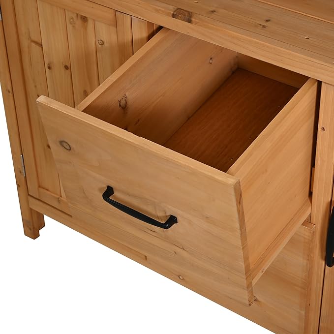 Merax 45.3" Large Outdoor Fir Wood Potting Bench with Storage, Multi-Functional Patio Kitchen Island, 6-Shelf Hutch+2 Cabinets+2 Drawers+3 Hooks, Garden Workstation for Planting, Gardening, Natural