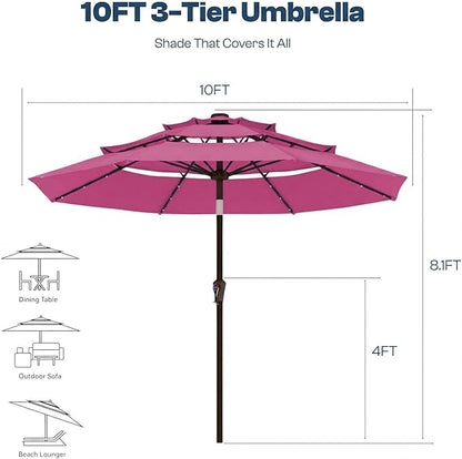 10ft 3-Tier Patio Umbrella with 32 Solar Powered LED Lights, Windproof Outdoor Market Umbrella for Deck, Poolside & Garden, Sturdy Push-Button Tilt Table Umbrella, Rose Pink