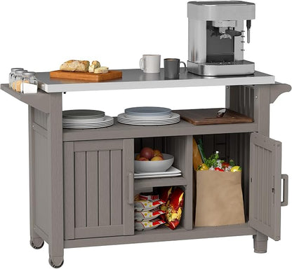 Bifanuo Outdoor Grill Table Grill Cart with Stainless Steel Top & Storage Cabinet for Food Prep and Storage, Portable and Durable with Wheels (Grey)