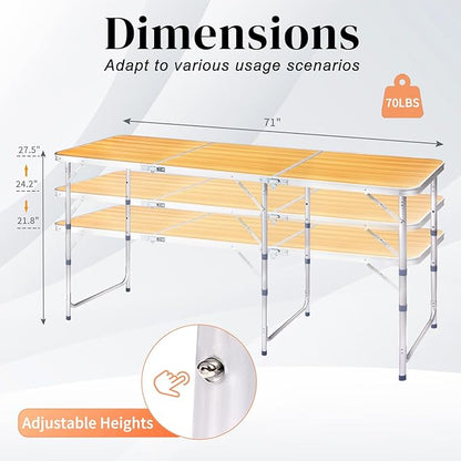 6.0 Ft Folding Portable Camping Table with Three Adjustable Heights, Tri-fold Outdoor Table, Outdoor Camping Kitchen, BBQ, Dining, Picnic, Cooking, Beach, Garden, Yellow