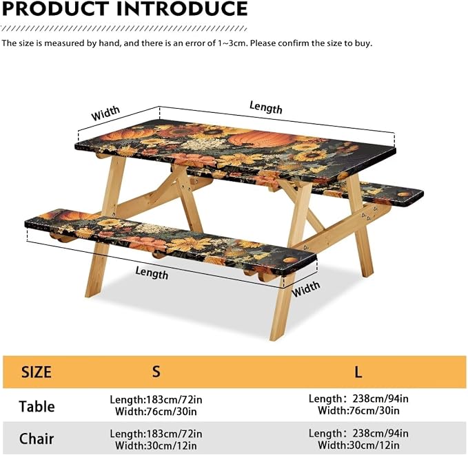 Fall Picnic Table Cover for Outdoor Camping Pumpkin Sunflower Elastic Fitted Table Cloth for Camping Party Supplies 3 PCS Set
