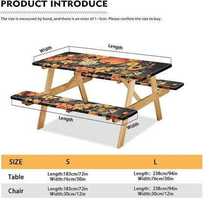 Fall Picnic Table Cover for Outdoor Camping Pumpkin Sunflower Elastic Fitted Table Cloth for Camping Party Supplies 3 PCS Set