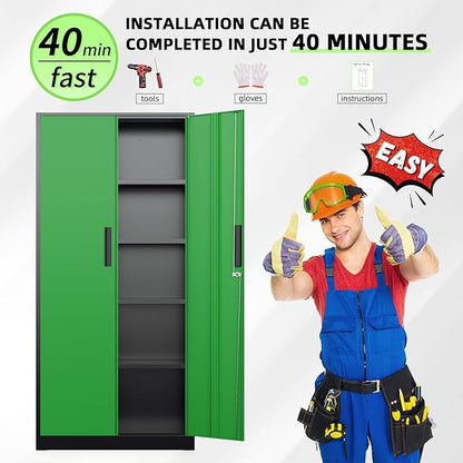 INTERGREAT Metal Storage Cabinet, 72" Locking Steel Cabinets with 2 Door and 4 Adjustable Shelves, Tall Metal Cabinet for Home Office, Garage, Warehouse,(Black+Green)