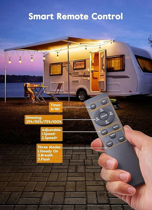 Brightown 82FT Outdoor String Lights, 25 LED Bulbs Shatterproof Patio Lights with Remote, IP65 Waterproof Dimmable Hanging Connectable LED Outdoor Lights for Backyard, Bistro, Porch, Deck, Balcony