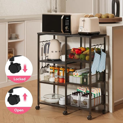 SWTYMIKI Kitchen Island Cart on Wheels - 4 Tier Rolling Kitchen Table Cart with Storage Shelves, 6 Removable Hooks& Locking Casters, Coffee Bar Cabinet for Dining Room Pantry Office, Black