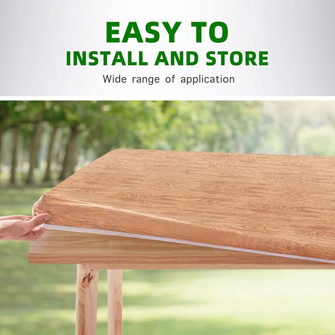 UMINEUX Fitted Rectangle Tablecloth, 30x72 Inch, 1-Pieces, Wood | Fitted for 6 ft Rectangle Tables, Plastic Vinyl Flannel Backed, Elastic Edged, Waterproof & Wipeable, Indoor Patio Use