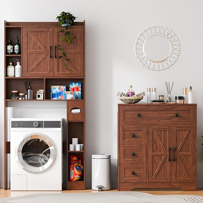 Vabches Farmhouse Storage Cabinet with 2 Doors and 4 Drawers, Freestanding Bathroom Storage Cabinet Kitchen Pantry, Floor Hutch Cupboard for Living Room/Bathroom/Kitchen,Walnut
