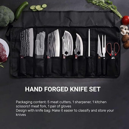 Butcher Knife Set with Bag，Meat Cleaver Full Tang Serbian Chef Knife High Carbon Steel for Meat Cutting Processing,Hand Forged Viking Carving Knife,Outdoor BBQ Camping Knife (10)