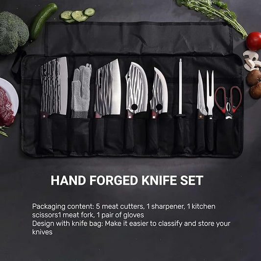 Butcher Knife Set with Bag，Meat Cleaver Full Tang Serbian Chef Knife High Carbon Steel for Meat Cutting Processing,Hand Forged Viking Carving Knife,Outdoor BBQ Camping Knife (10)