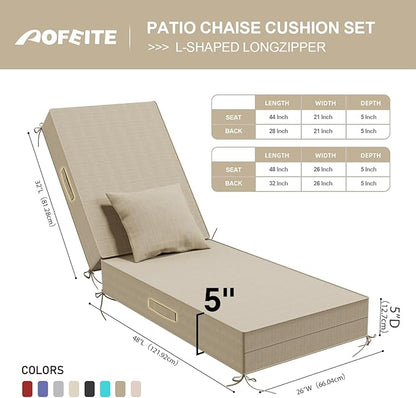 Outdoor Water-Resistant Olefin Chaise Lounge Cushions with Pillow, Weather and Fade Resistant Patio Furniture Lounge Chair Cushion Ideal for Patio, Lawn, Garden, Beige, 80" L x 26" W x 5" T