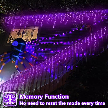 QITONG Purple Halloween Lights, 66ft 800 LED Icicle Lights for Outside Plug in, Clear Wire Connectable String Light Indoor with 8 Modes