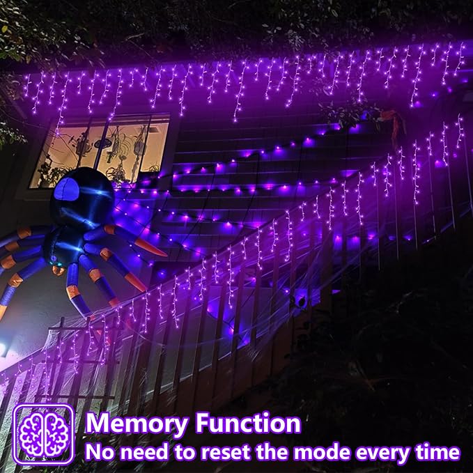 QITONG Purple Halloween Lights, 33ft 400 LED Icicle Lights for Outside Plug in, Clear Wire Connectable String Light Indoor with 8 Modes