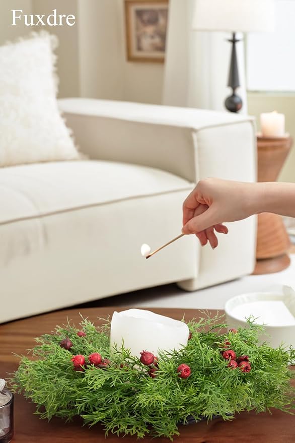 2 Pcs Christmas Candle Rings Wreaths, 10 Inch Candle Wreath with Artificial Red Berries and Cedar, Christmas Candle Holder Indoor Decor for Home Kitchen Cabinets Centerpieces for Tables
