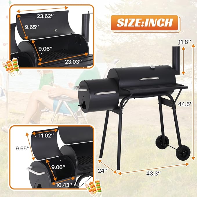 43" Barrel Charcoal Grill, Portable Grills BBQ Pit with Offset Smoker & Wheels Large Grilling Space for Outdoor Backyard, Patio and Parties, Black