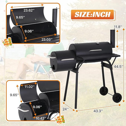 43" Barrel Charcoal Grill, Portable Grills BBQ Pit with Offset Smoker & Wheels Large Grilling Space for Outdoor Backyard, Patio and Parties, Black