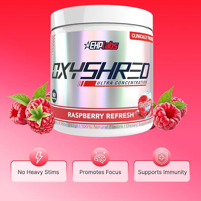 EHP Labs OxyShred Pre Workout Powder - Preworkout Powder with L Glutamine & Acetyl L Carnitine, Energy Boost Drink - Raspberry Refresh, 60 Servings