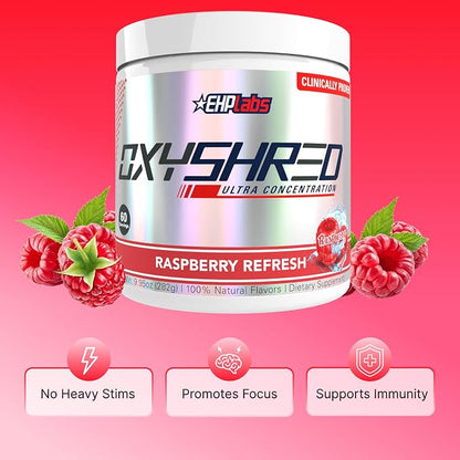 EHP Labs OxyShred Pre Workout Powder - Preworkout Powder with L Glutamine & Acetyl L Carnitine, Energy Boost Drink - Raspberry Refresh, 60 Servings