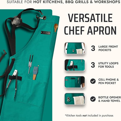 Asaya Chef and BBQ Apron with Bottle Opener and Hand Towel - 10oz Cotton Canvas, Stainless Steel Hardware - Cross Back Straps