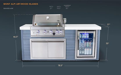Mont Alpi Artwood Series - 78"W x 47"H x 27"D All Weather HDPE Outdoor Kitchen Island with Refrigerator & Double Access Doors + 32"W Stainless Steel 4-Burner Built-in BBQ Gas Grill with Rotisserie Kit