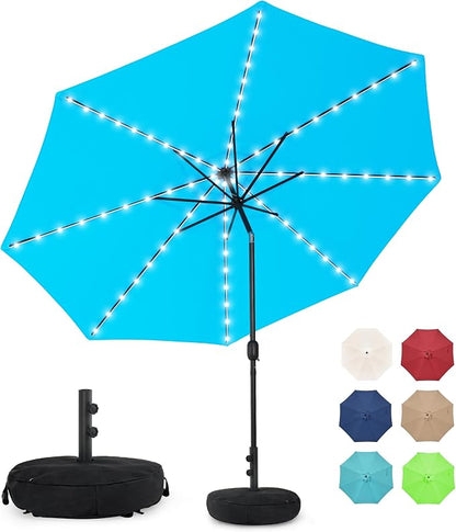 Sundale Outdoor 80 LED 9 FT Solar Patio Umbrella with Base, Blue | Sand Bag Umbrella Base, Tilt, Crank, Solar Lights
