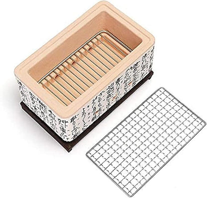 Japanese Ceramic Clay Charcoal Grill, Mini Tabletop BBQ Charcoal Stove with Wire Mesh Grill and Wooden Base for Indoor Outdoor