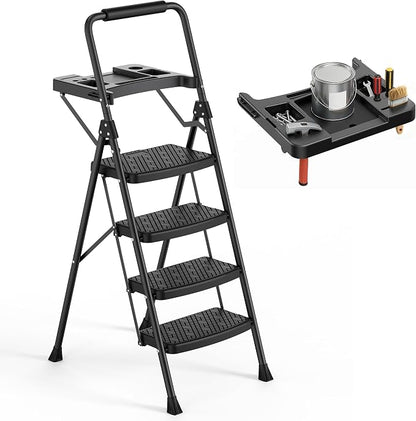 4 Step Ladder, Anautin Folding Step Stool with Tool Tray, Wide Anti-Slip Pedals, Heavy Duty Steel Step Ladder with Handrails, Portable Foldable Ladder for Kitchen Closet Garage Home 600lbs Capacity