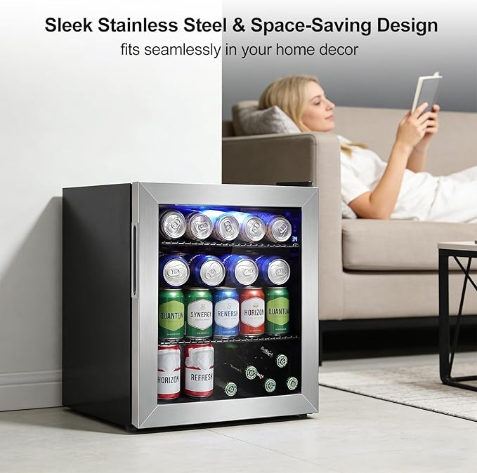 Mini Fridge Cooler - Small Beverage Refrigerator Stainless Steel Glass Door for Soda Beer Wine–Countertop Drink Cooler for Home, Dorm, Office or Bar, Electronic Temperature Control，1.4cu.ft.
